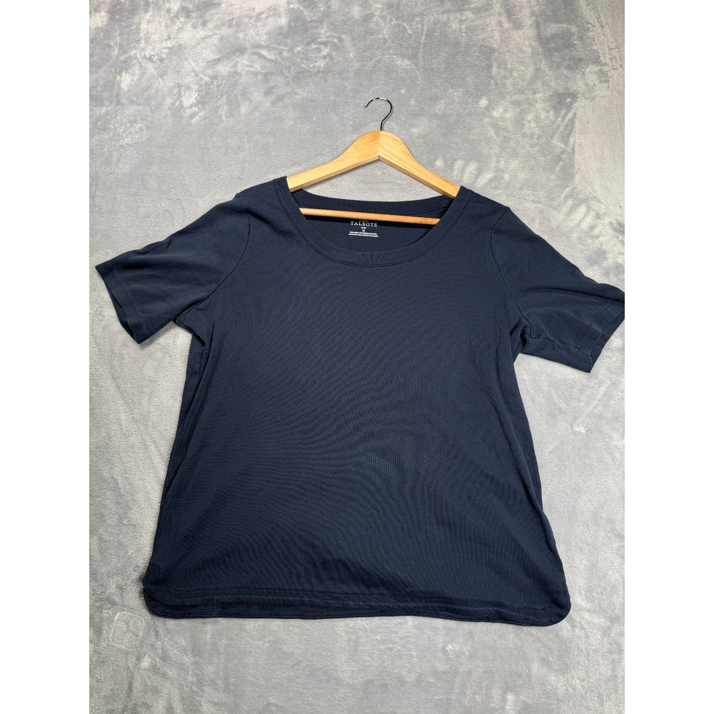 Talbots T Shirt Womens 1X Navy Blue Cotton Short Sleeve Scoop Neck Side Slit